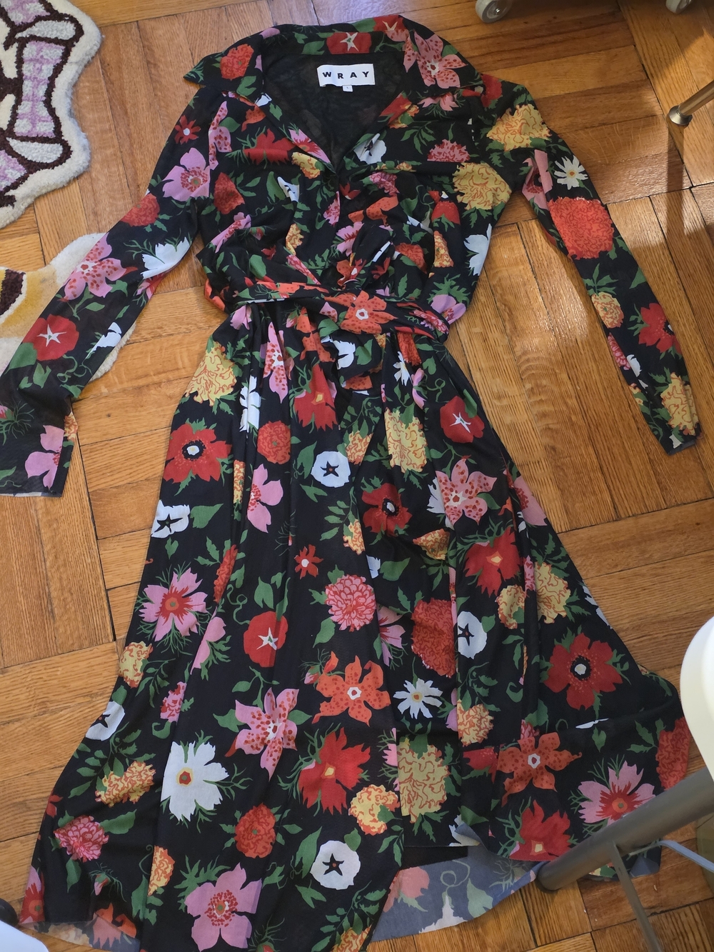 Wray Floral Mesh Wrap Dress Black Red & Pink
